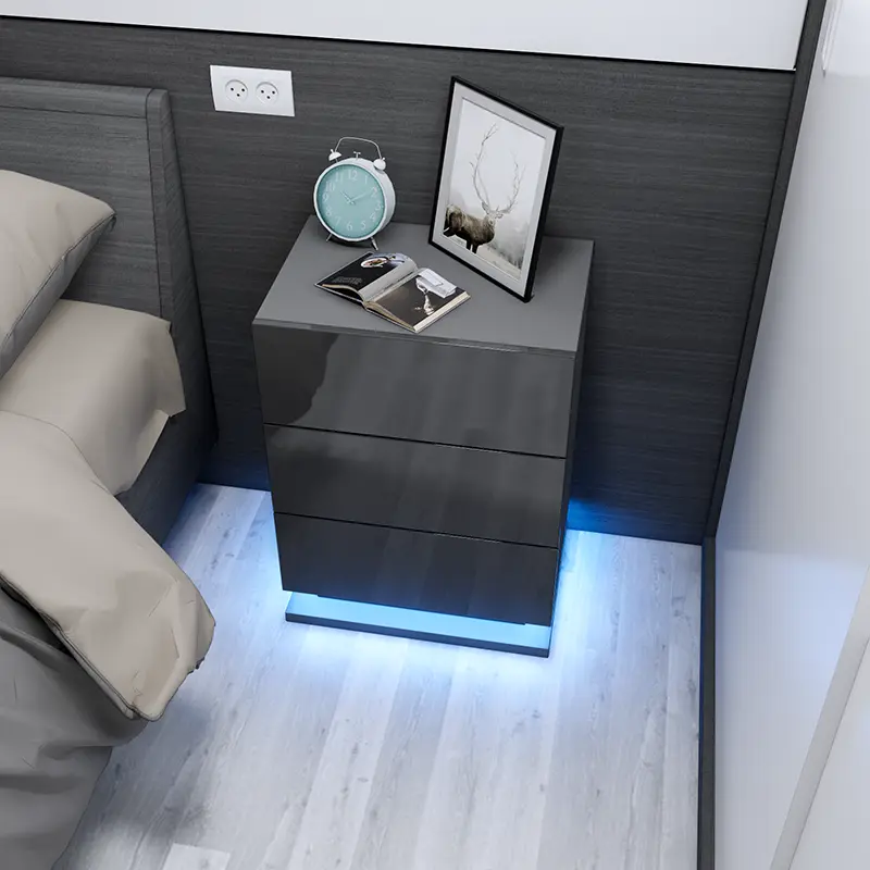 White Nightstand with Led Lights with 3 High Gloss Drawers