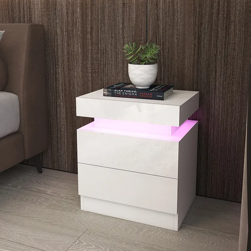 Bedside End Table White Wood Nightstand with 2 Drawers for Home Office