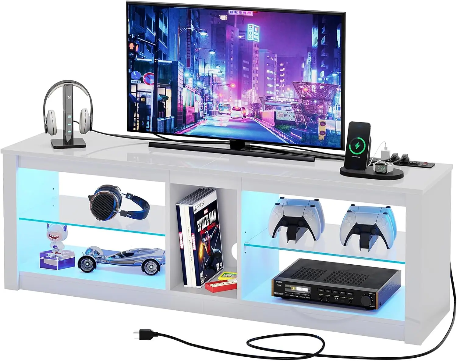 Sleek High-Gloss Wooden TV Cabinet with RGB Lighting & Charging Station