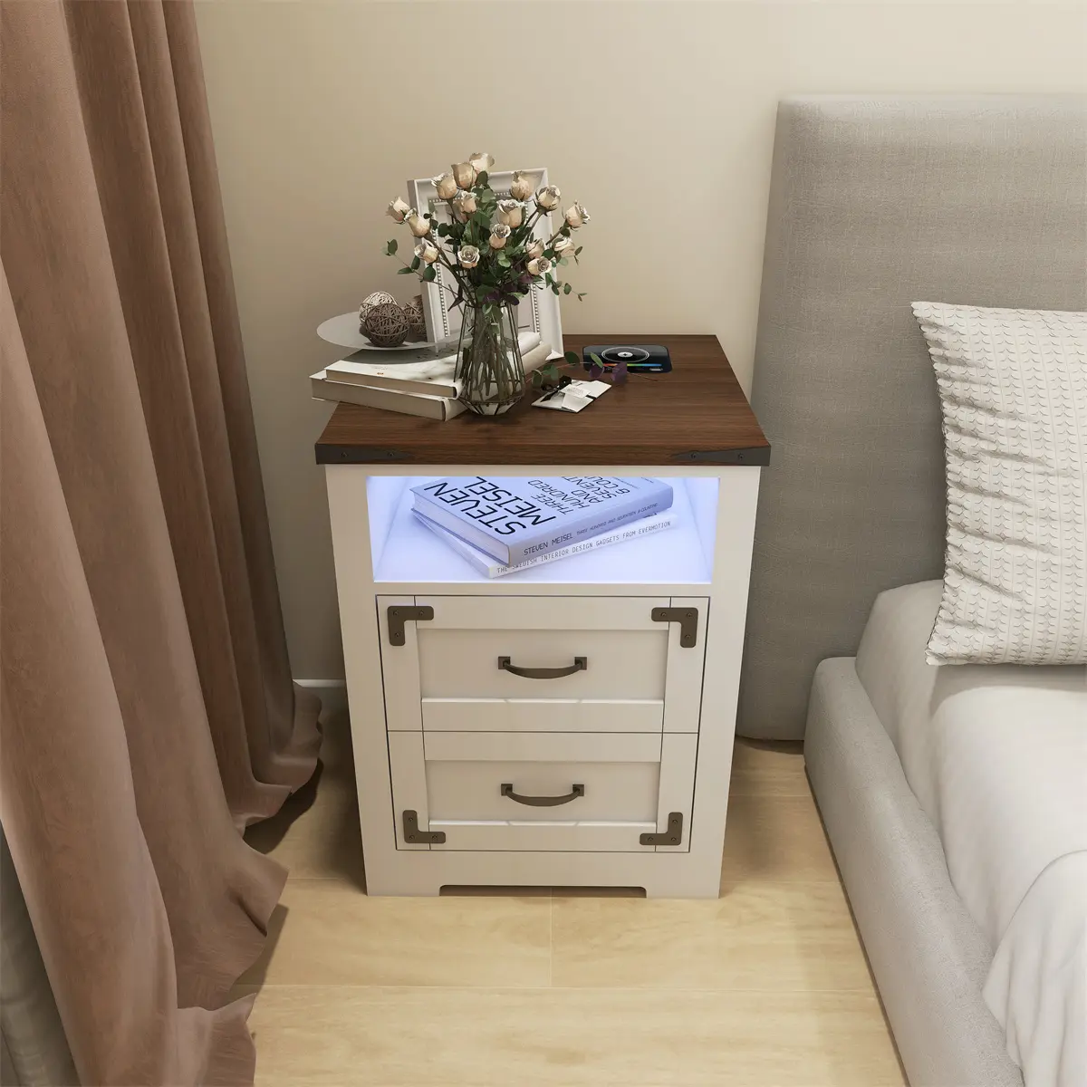 Farmhouse LED Light Wireless Charger Bedside Table
