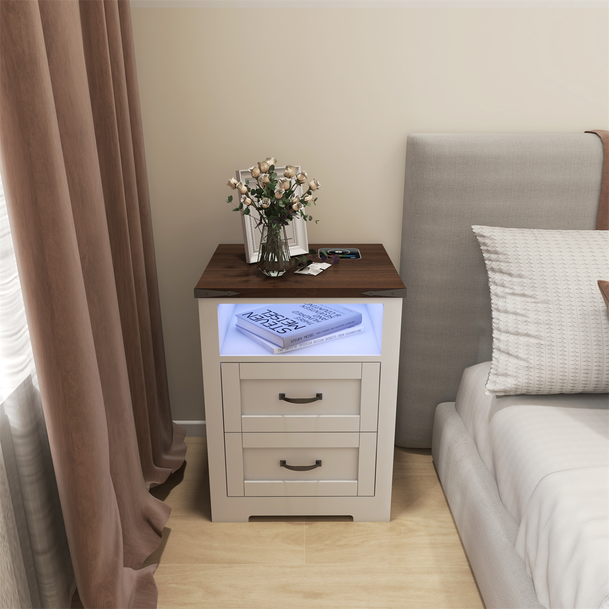 Farmhouse LED Light Wireless Charger Bedside Table