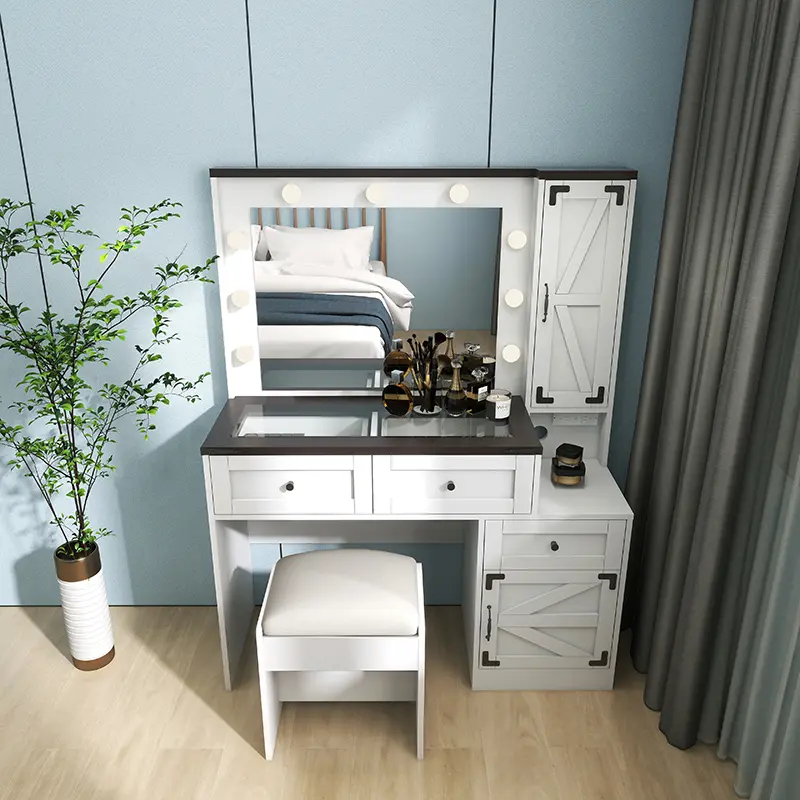 Farmhouse White Girls Makeup Vanity Table with Power Outlet& Top tempered Glass