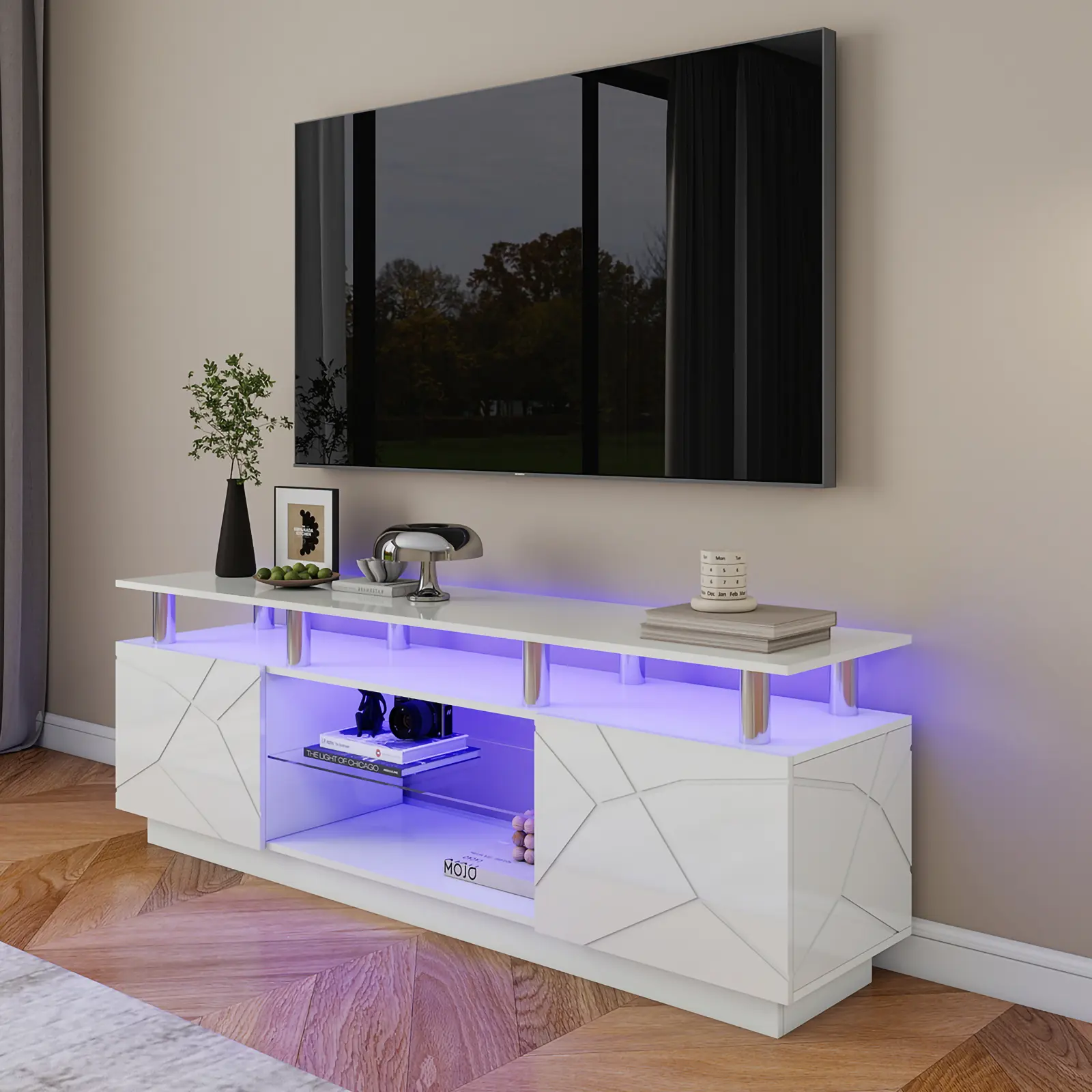 70 inch white tv stand led lights living room