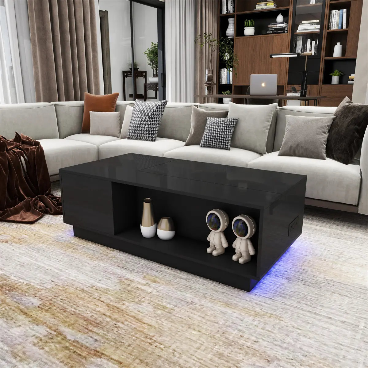 Stylish Wood Lift Top Black LED Coffee Table with Power Outlet