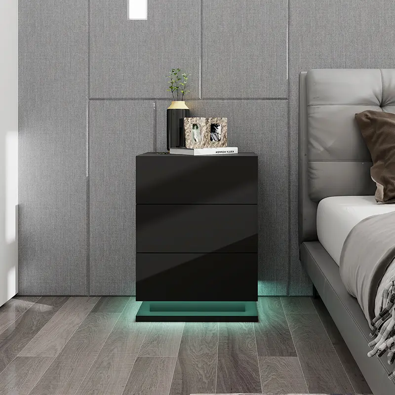 White Nightstand with Led Lights with 3 High Gloss Drawers