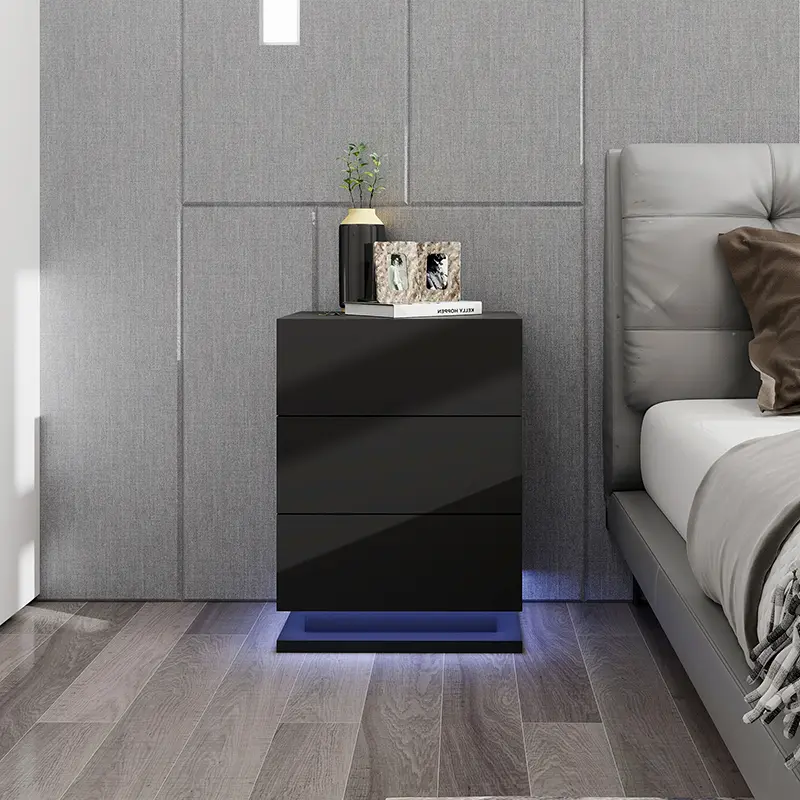 White Nightstand with Led Lights with 3 High Gloss Drawers