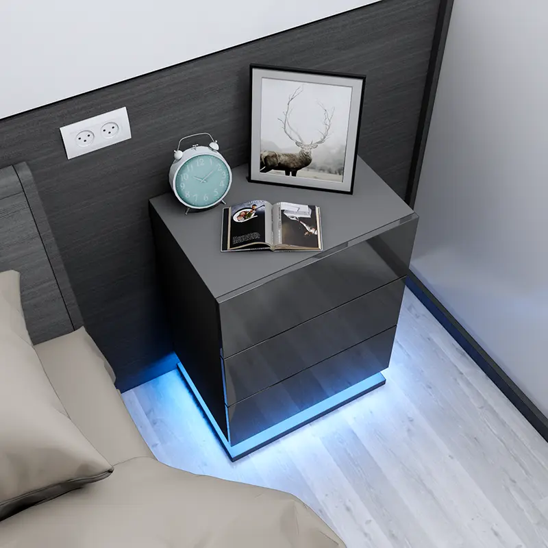 White Nightstand with Led Lights with 3 High Gloss Drawers