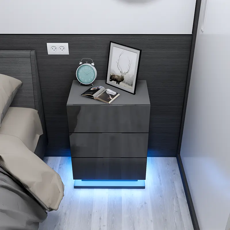 White Nightstand with Led Lights with 3 High Gloss Drawers
