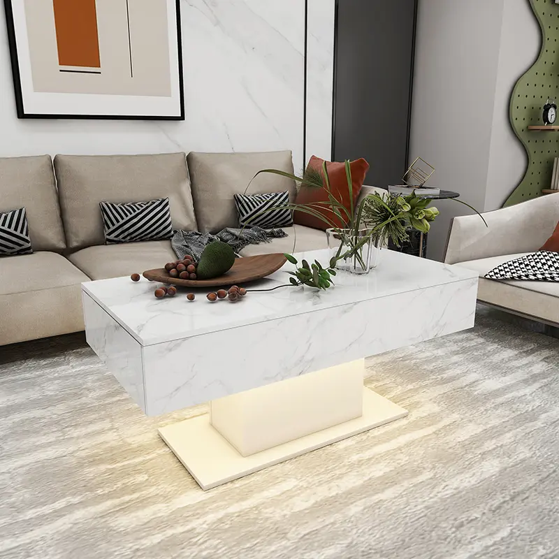 Wooden Centre Tea Table With RGB Lights 2 Drawer Storage