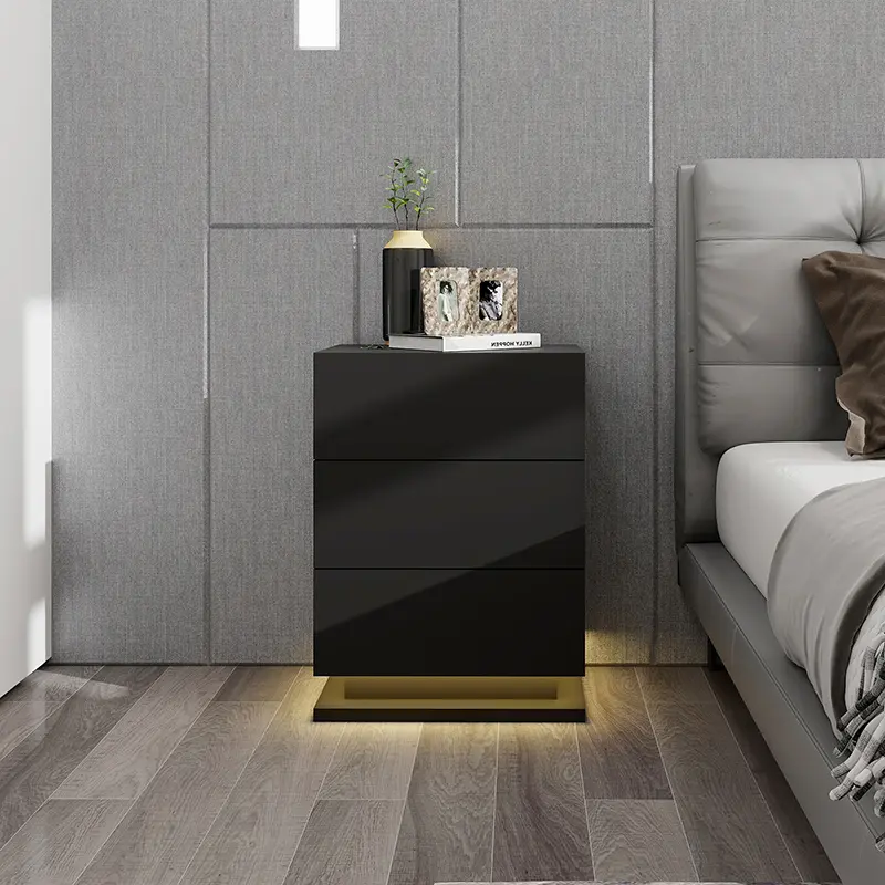 White Nightstand with Led Lights with 3 High Gloss Drawers