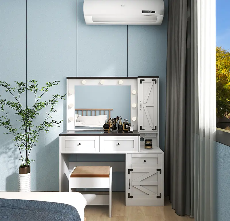 Farmhouse White Girls Makeup Vanity Table with Power Outlet& Top tempered Glass