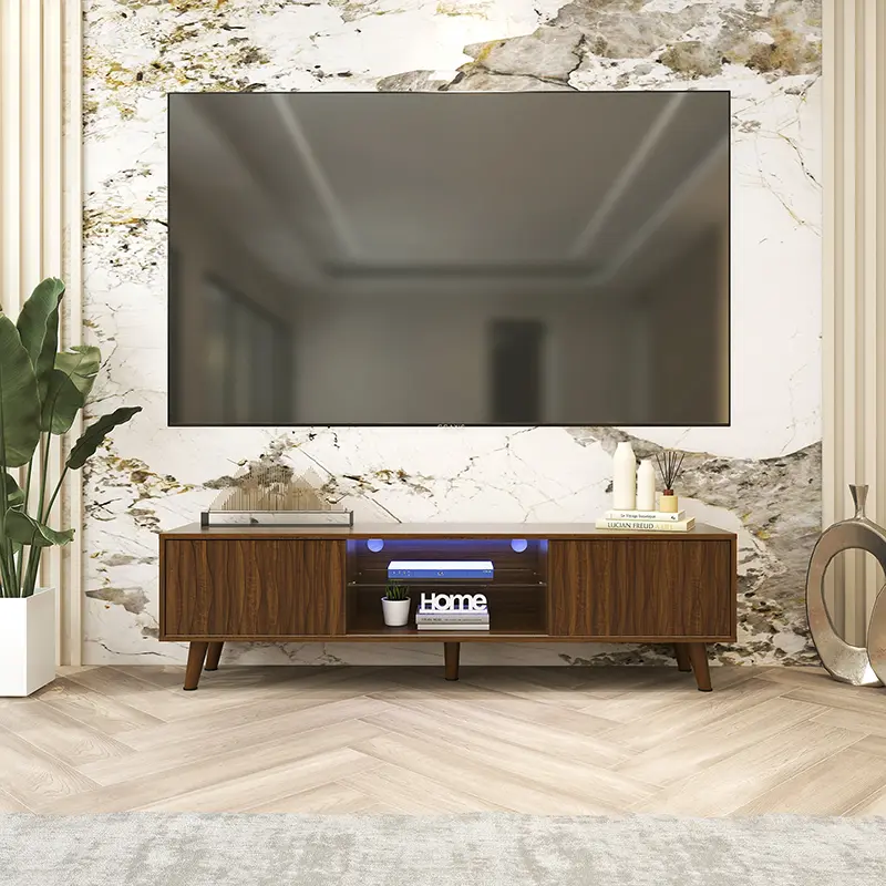 Mid-Century TV Stand with 2 Side Doors Entertainment Center Console for Living Room