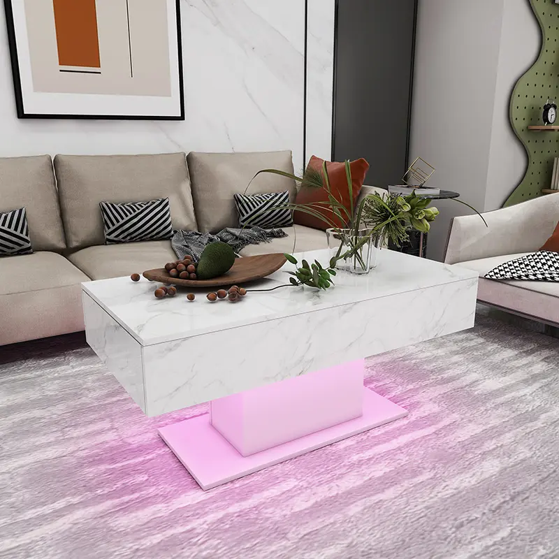 Wooden Centre Tea Table With RGB Lights 2 Drawer Storage