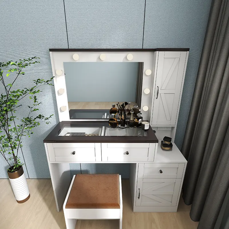 Farmhouse White Girls Makeup Vanity Table with Power Outlet& Top tempered Glass