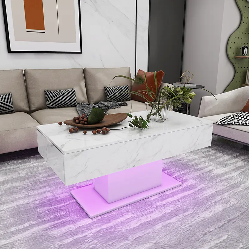 Wooden Centre Tea Table With RGB Lights 2 Drawer Storage